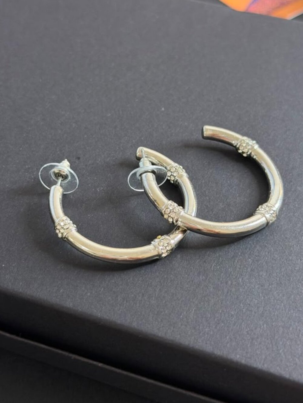 Silver Tone Crystal Hoop Earrings | Segmented Sparkling Statement Jewelry